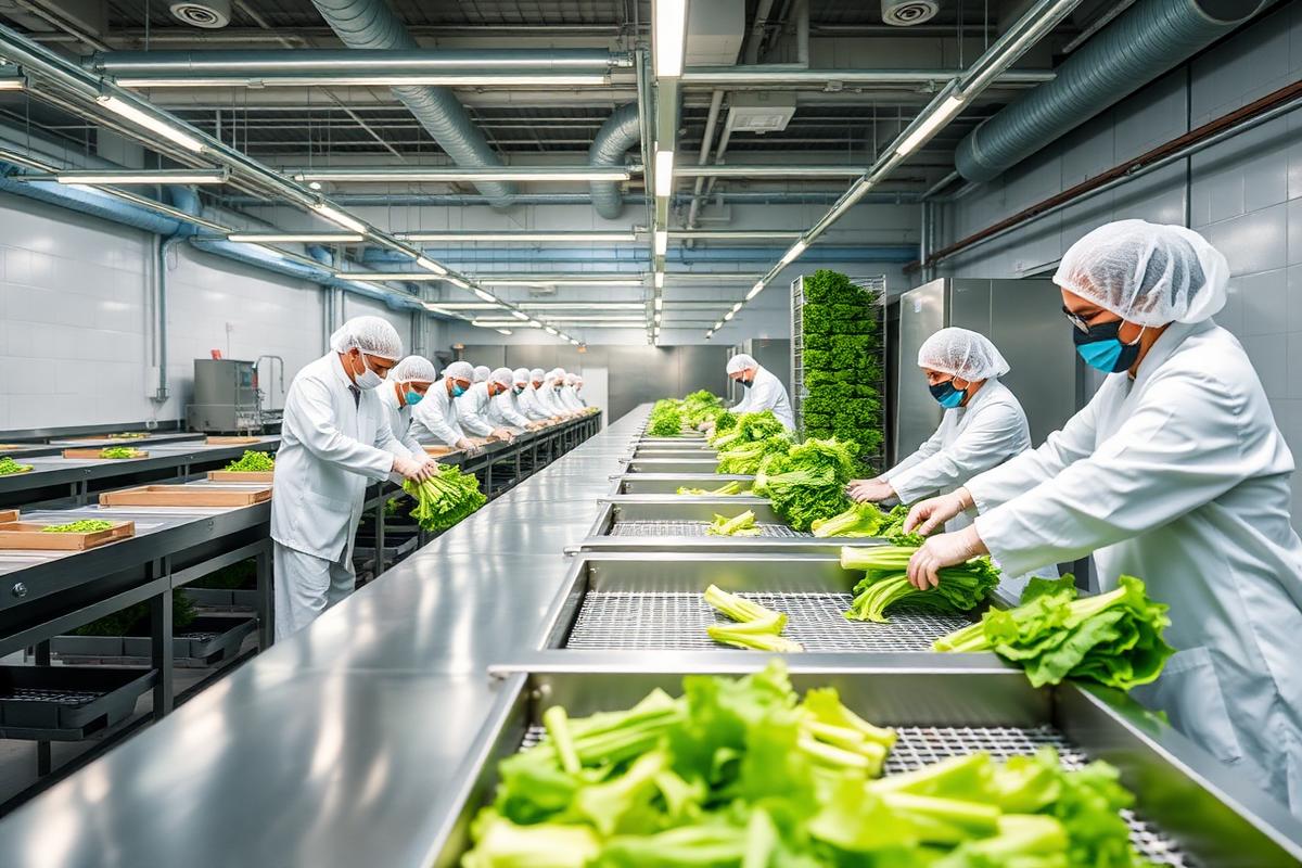 Workers in white coats, gloves and hairnets sorting lettuce on a stainless steel line