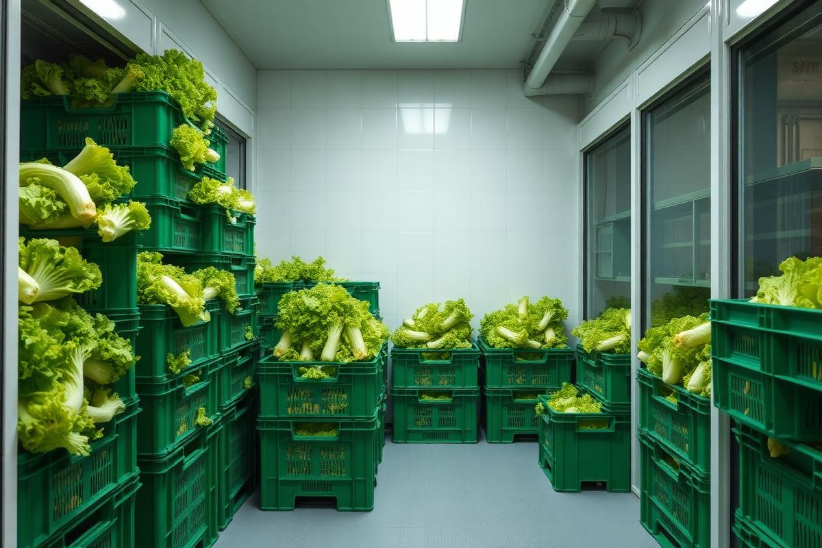 Cold storage room with crates of fresh lettuce